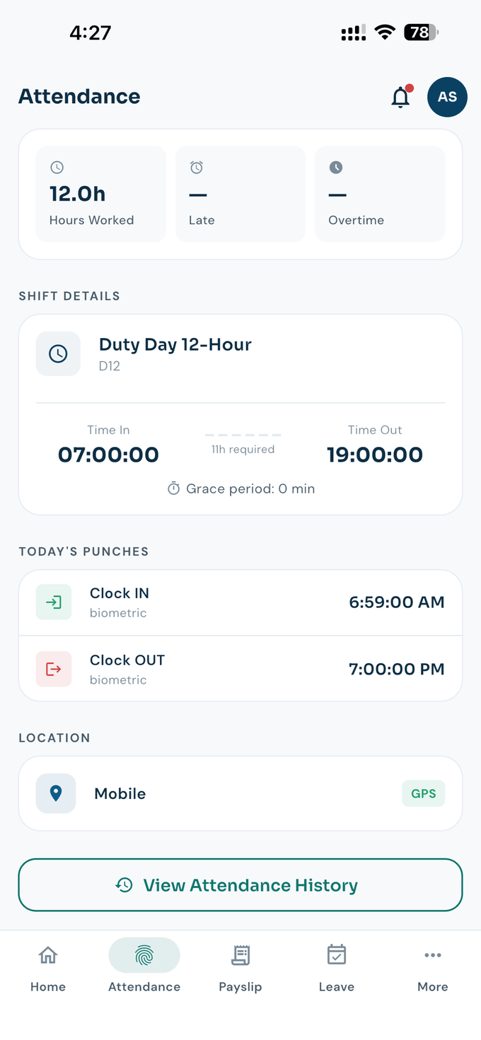 ADAMM mobile app attendance screen showing hours worked, shift details, and biometric clock in and clock out punches with GPS location