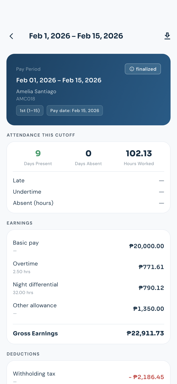 ADAMM mobile app payslip screen showing gross earnings, overtime and night differential hours, and deductions for a Philippine semi-monthly cutoff