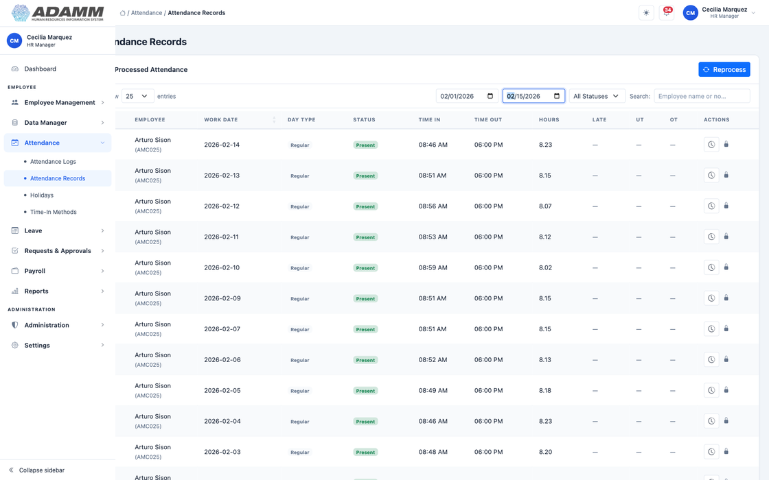 ADAMM attendance records screen listing employees by work date with day type, status, time in, time out, hours worked, late, undertime and overtime columns